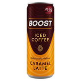 A £1.19 can of Boost - Iced Coffee Caramel Latte - 250ml, in brown and orange packaging with "Deliciously Mellow" on the label.